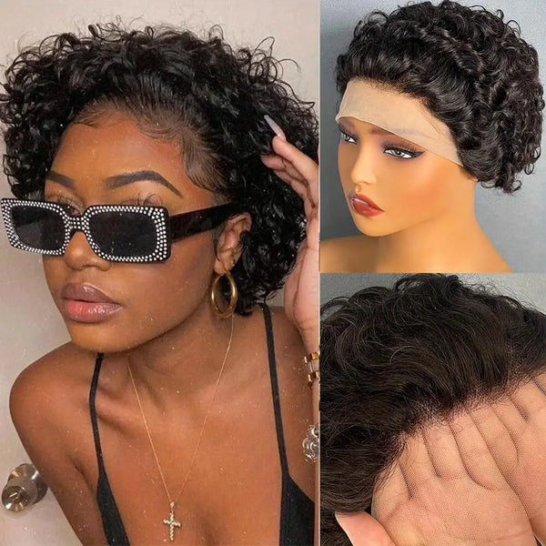 Chic Short Pixie Cut Curly Wave Wig For Women 6INCH 13X4X1 T-Part Lace Front 180% Density Remy Human Hair Natural Black