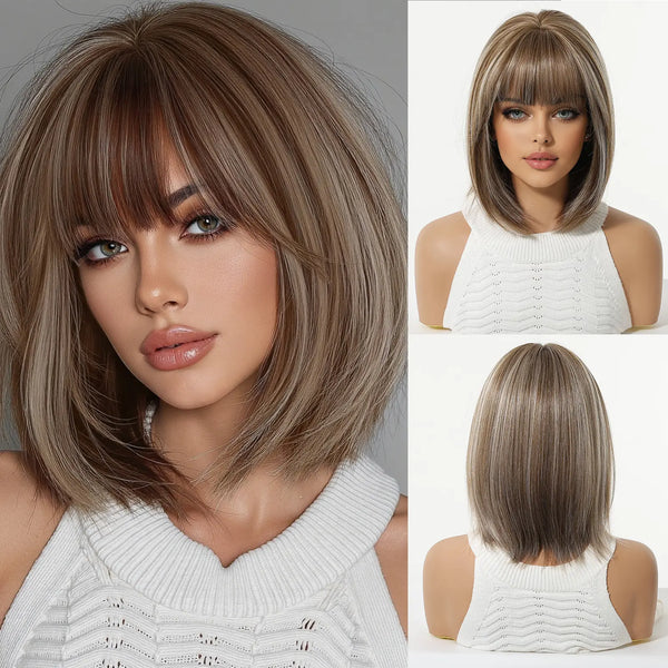 Natural Ombre Brown Highlight Bob Wig Air Bangs Short Straight Synthetic Full Head Wig