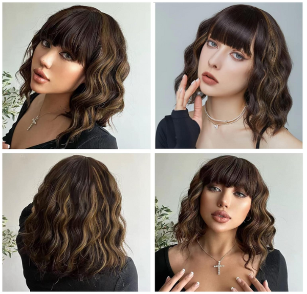 Wavy Short Red Wigs with Bangs for Women Bob Wig Shoulder Length for Fashion Curly Hair 150% Density Synthetic Heat Resistant Fiber for Daily Cosplay