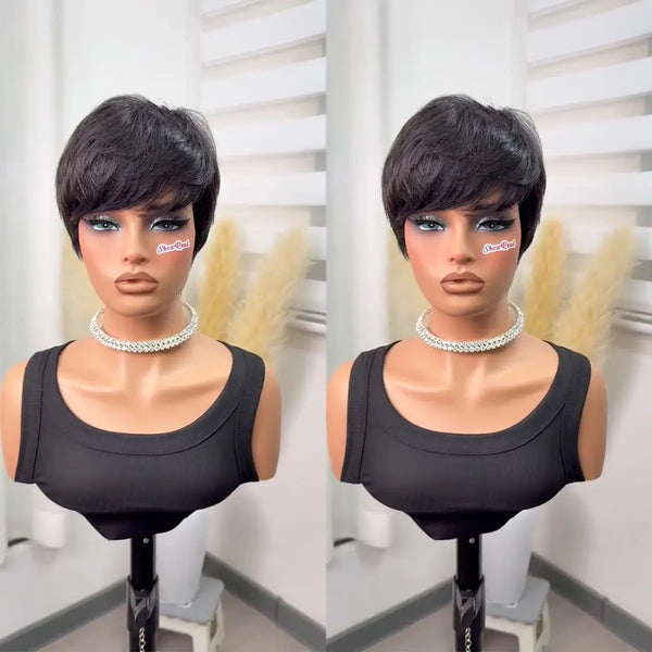 Short Pixie Cut Wig Virgin Human Hair Black & Highlight Colorful Wig with Bangs Full Machine Ready To Go Glueless Wig for Black Women