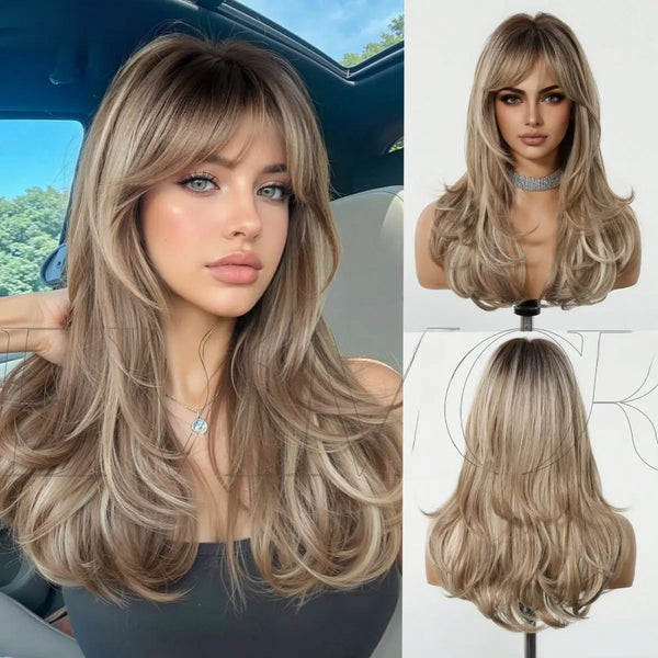 Women's Synthetic Full Machine Wig - Summer Breathable Ombre Wigs, Ombre Blonde with Light Blonde Highlights, Long Curly Hair with Natural Side Bangs, Realistic Look for Daily Wear,summerwins