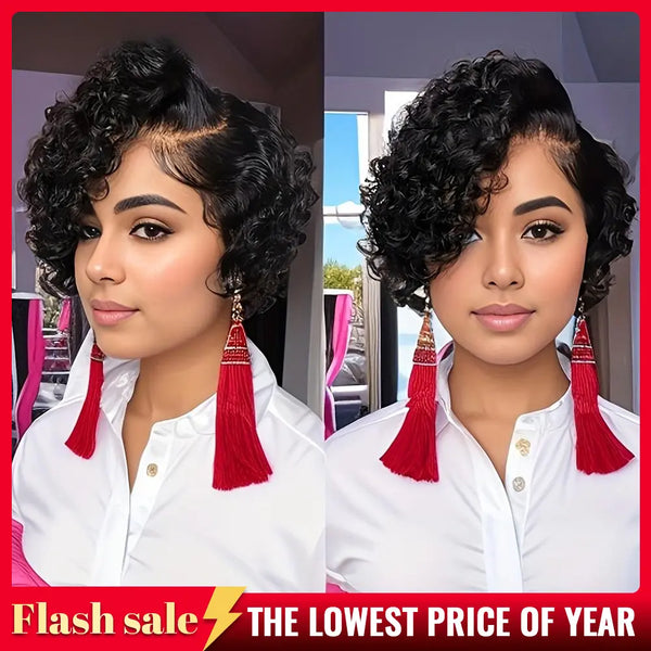Chic Short Pixie Cut Curly Wave Wig For Women 6INCH 13X4X1 T-Part Lace Front 180% Density Remy Human Hair Natural Black