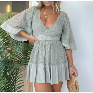 WOMEN'S LACE CROCHET ROMPER DRESS WITH BUILT-IN SHORTS