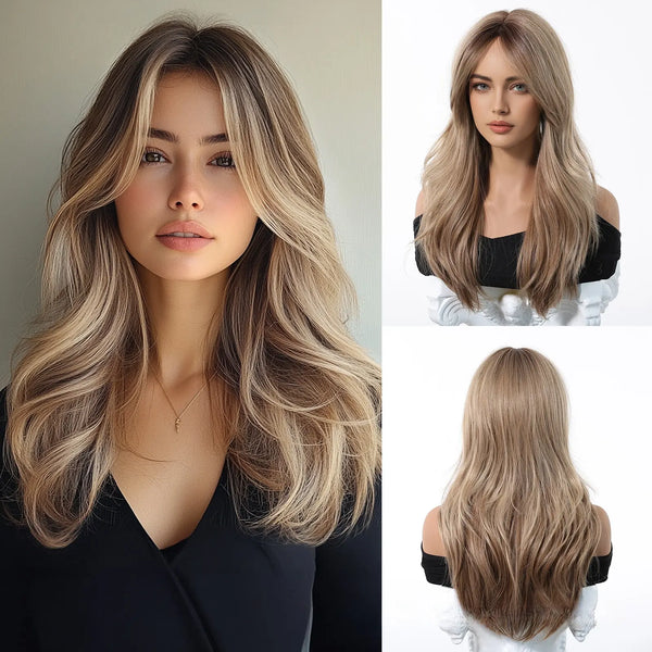 Women's Synthetic Full Machine Wig - Summer Breathable Ombre Wigs, Ombre Blonde with Light Blonde Highlights, Long Curly Hair with Natural Side Bangs, Realistic Look for Daily Wear,summerwins