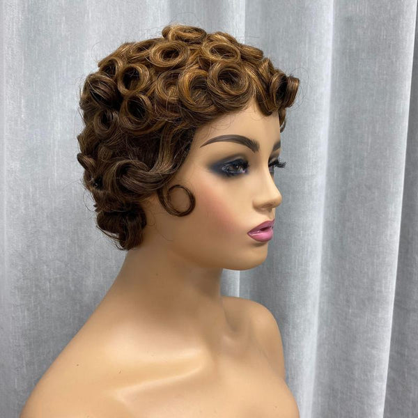 Short Pixie Cut Egg Wavy Curly Bomb Black Colorful Mommy Wig Pin Curls Brizalian Virgin Human Hair Cute Style Wigs For Black Woman Daily Party Use