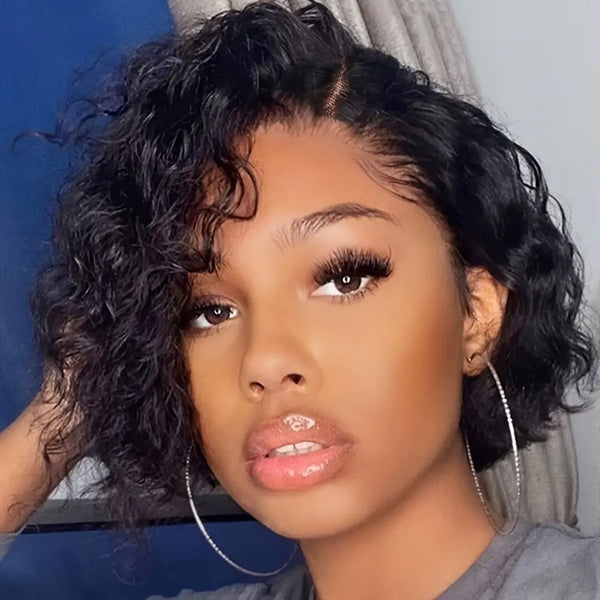 Chic Short Pixie Cut Curly Wave Wig For Women 6INCH 13X4X1 T-Part Lace Front 180% Density Remy Human Hair Natural Black