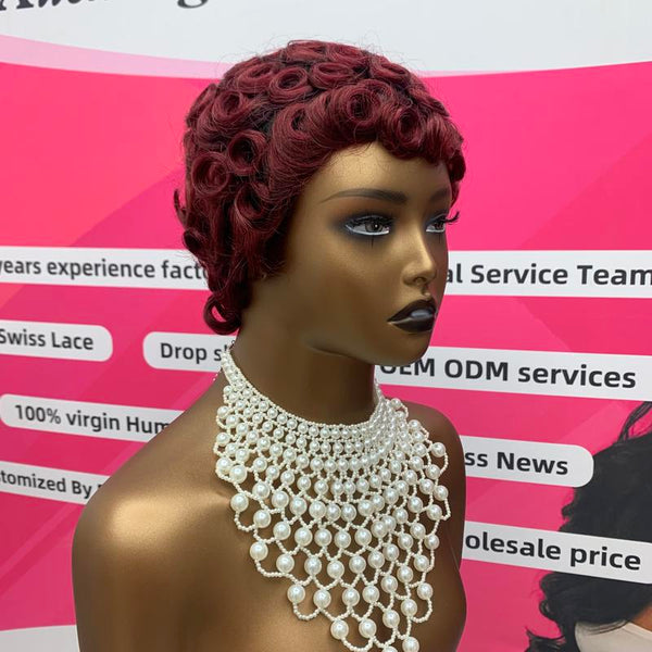 Short Pixie Cut Egg Wavy Curly Bomb Black Colorful Mommy Wig Pin Curls Brizalian Virgin Human Hair Cute Style Wigs For Black Woman Daily Party Use