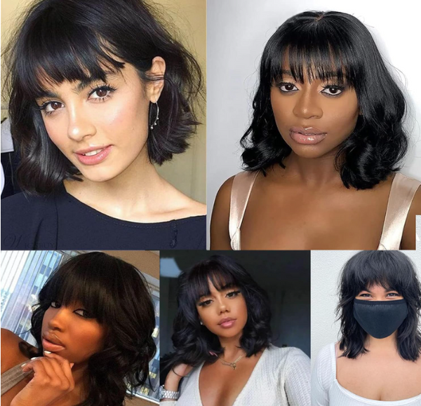 Wavy Short Red Wigs with Bangs for Women Bob Wig Shoulder Length for Fashion Curly Hair 150% Density Synthetic Heat Resistant Fiber for Daily Cosplay