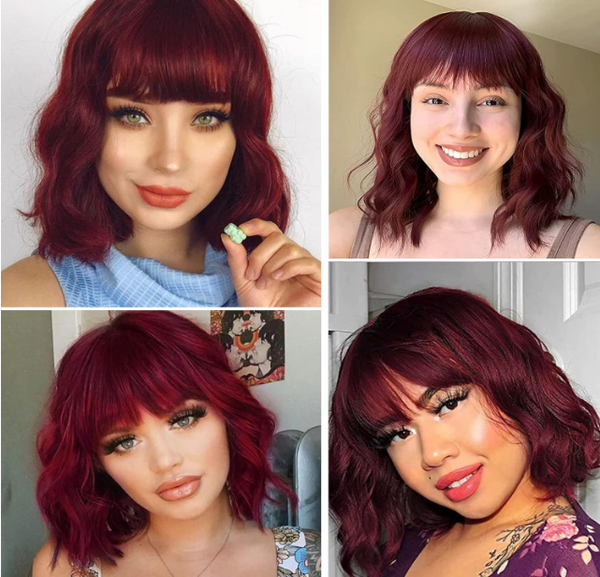 Wavy Short Red Wigs with Bangs for Women Bob Wig Shoulder Length for Fashion Curly Hair 150% Density Synthetic Heat Resistant Fiber for Daily Cosplay