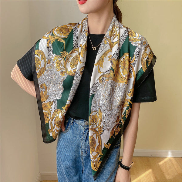 Elegant Flower Simulated Silk Scarf 90cm Large Square Women Scarf