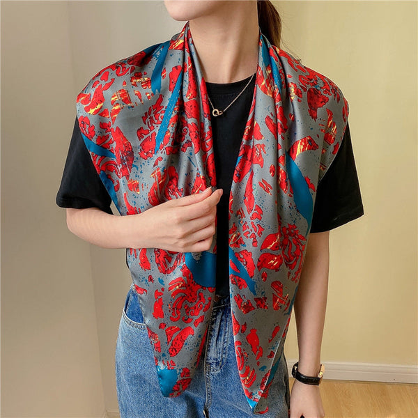 Elegant Flower Simulated Silk Scarf 90cm Large Square Women Scarf