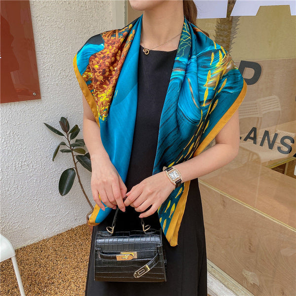 Elegant Flower Simulated Silk Scarf 90cm Large Square Women Scarf