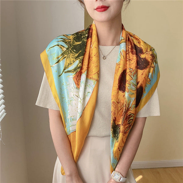 Elegant Flower Simulated Silk Scarf 90cm Large Square Women Scarf