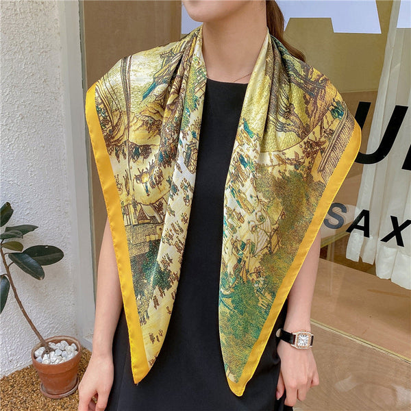 Elegant Flower Simulated Silk Scarf 90cm Large Square Women Scarf