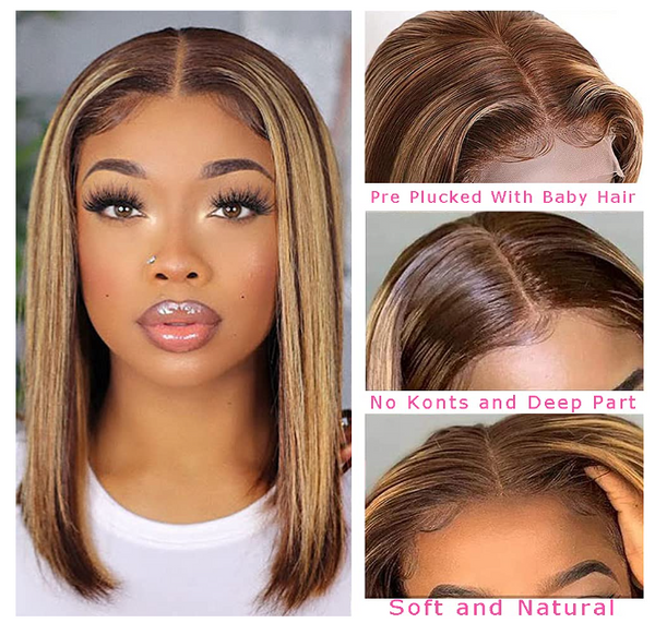 Highlight Short Bob Wigs Human Hair 4/27 Honey Blonde Wig For Black Woman