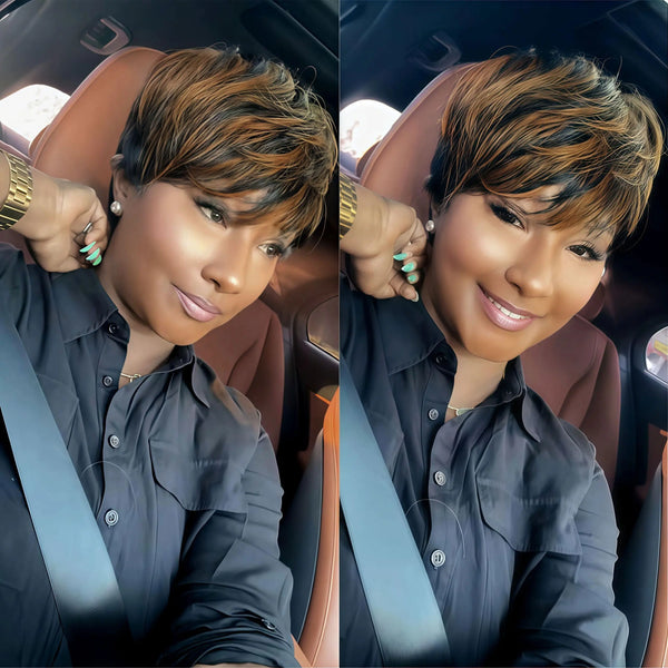 Short Pixie Cut Wig Virgin Human Hair Black & Highlight Colorful Wig with Bangs Full Machine Ready To Go Glueless Wig for Black Women