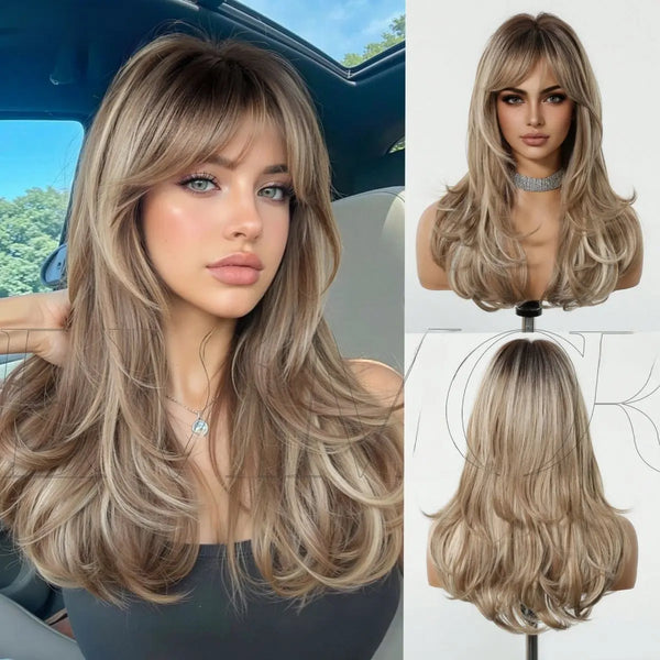 Women's Synthetic Full Machine Wig - Summer Breathable Ombre Wigs, Ombre Blonde with Light Blonde Highlights, Long Curly Hair with Natural Side Bangs, Realistic Look for Daily Wear,summerwins