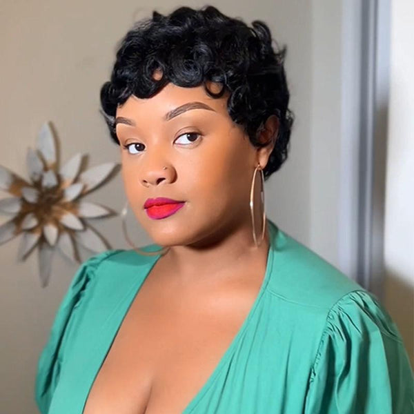Short Pixie Cut Egg Wavy Curly Bomb Black Colorful Mommy Wig Pin Curls Brizalian Virgin Human Hair Cute Style Wigs For Black Woman Daily Party Use