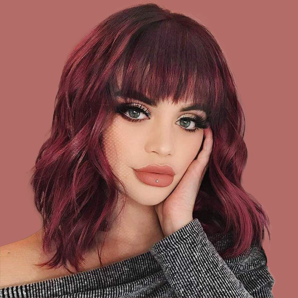 Wavy Short Red Wigs with Bangs for Women Bob Wig Shoulder Length for Fashion Curly Hair 150% Density Synthetic Heat Resistant Fiber for Daily Cosplay