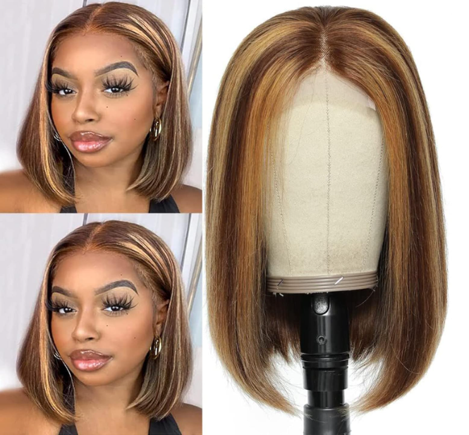 Highlight Short Bob Wigs Human Hair 4/27 Honey Blonde Wig For Black Woman