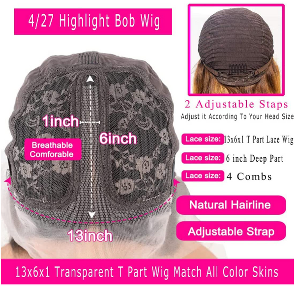 Highlight Short Bob Wigs Human Hair 4/27 Honey Blonde Wig For Black Woman