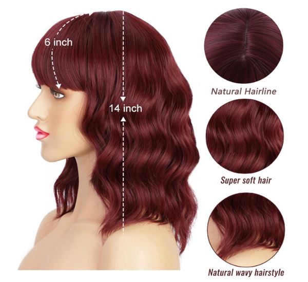 Wavy Short Red Wigs with Bangs for Women Bob Wig Shoulder Length for Fashion Curly Hair 150% Density Synthetic Heat Resistant Fiber for Daily Cosplay