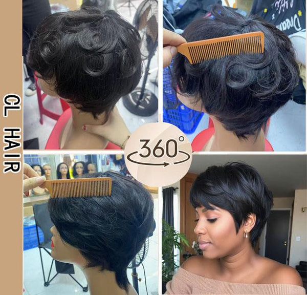 Short Pixie Cut Wig Brazilian Virgin Human Hair Black And Highlight Colorful Wig With Bangs Full Machine Ready To Go Glueless Wig dealsforyourdays