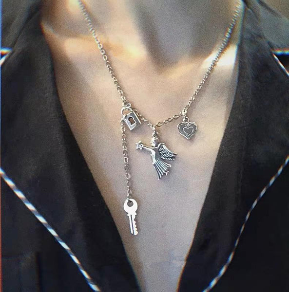 Angel Heart Lock Key Necklace