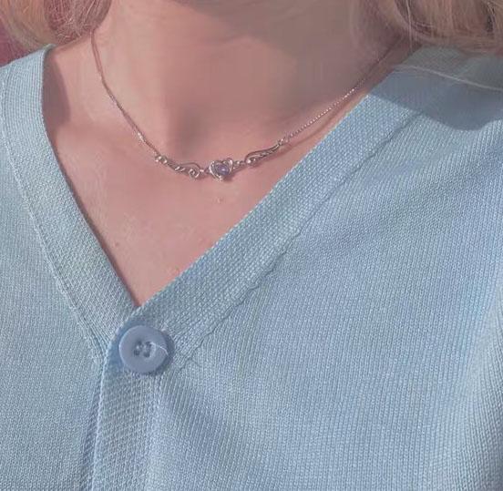 Heart Wings CZ Diamond Silver Necklace