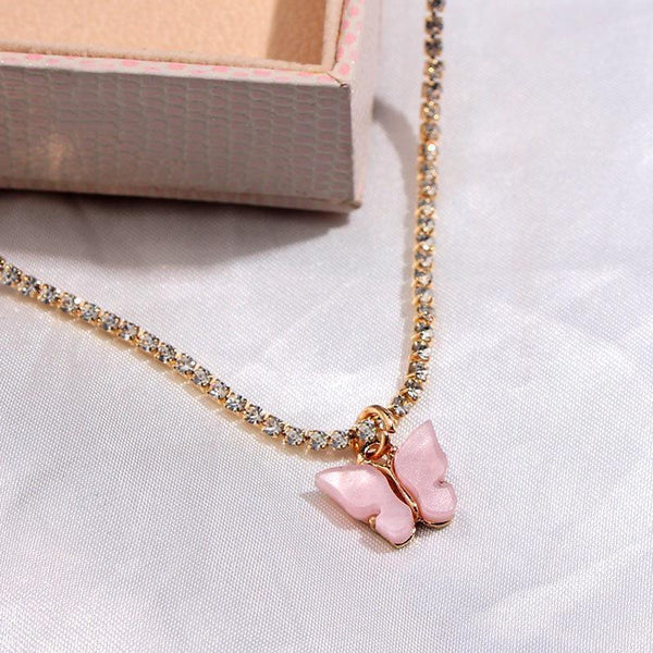 Rhinestone Butterfly Pendant Necklace Gold Color