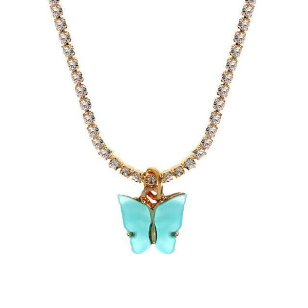 Rhinestone Butterfly Pendant Necklace Gold Color