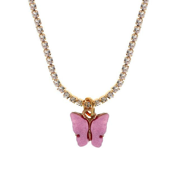 Rhinestone Butterfly Pendant Necklace Gold Color