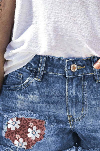 Women's Shorts Leopard Floral Patchwork Ripped Denim Shorts