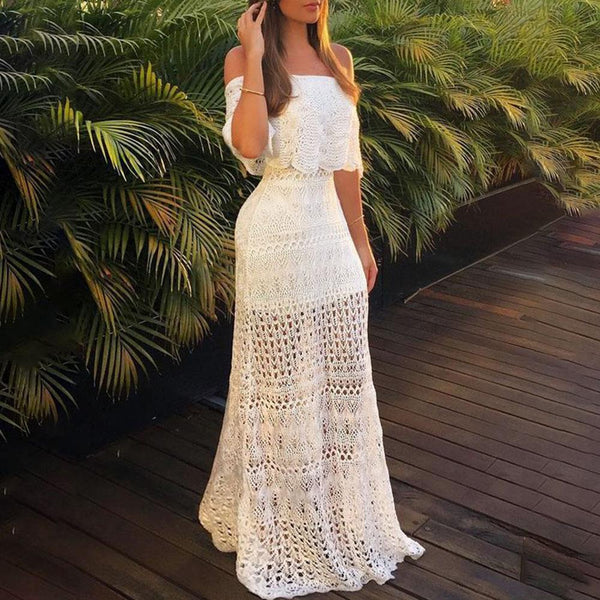 Floor-Length Half Sleeve Off Shoulder Falbala Plain Women's Dress