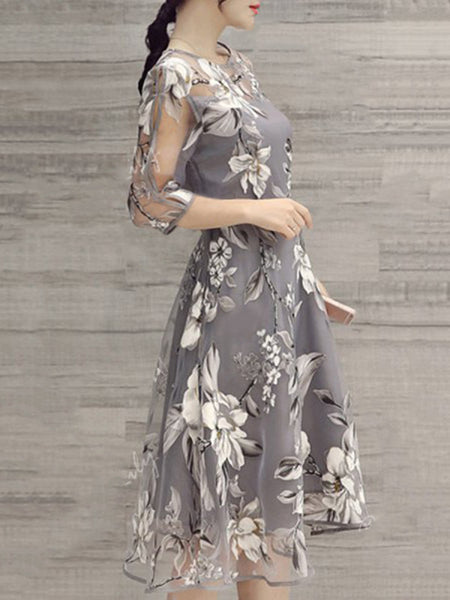 Floral Printed See-Through Midi Skater Dress