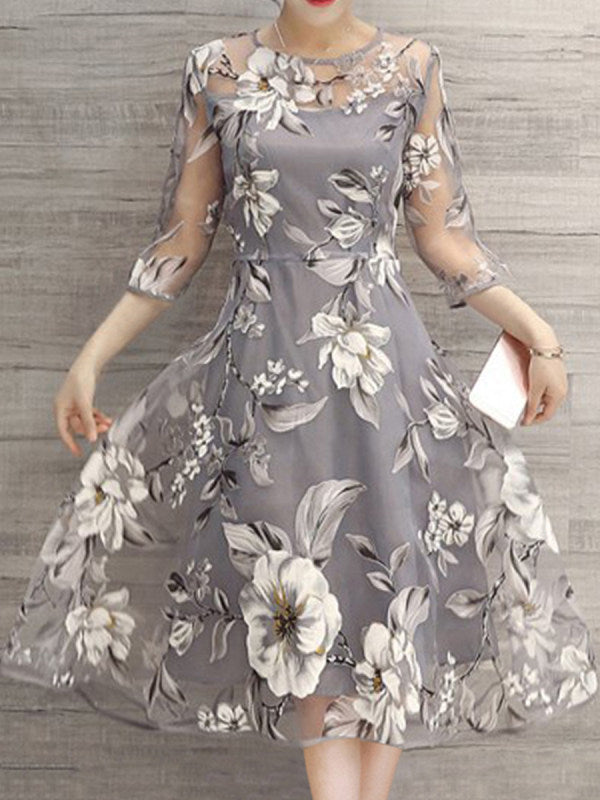 Floral Printed See-Through Midi Skater Dress