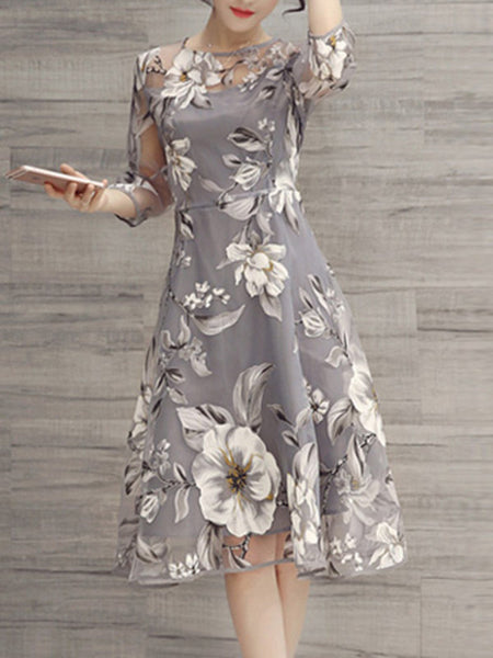 Floral Printed See-Through Midi Skater Dress