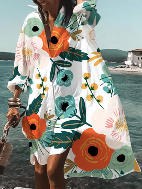 Ladies Casual Floral Long V-neck Shift Dress