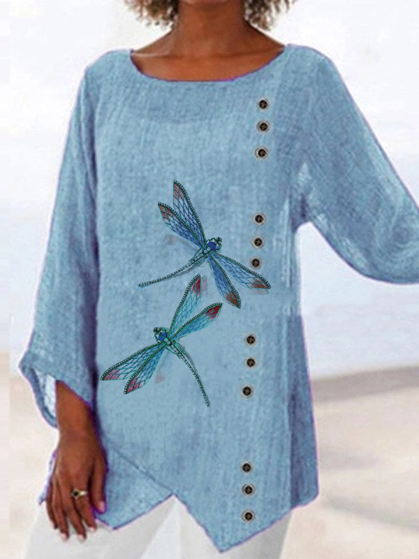 Casual printed long-sleeved dragonfly T-shirt