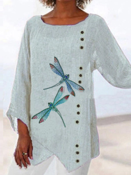 Casual printed long-sleeved dragonfly T-shirt