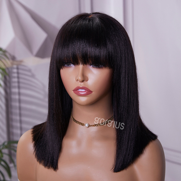 Rectangular Scalp Swiss HD Yaki Straight Bob Wig with Bang