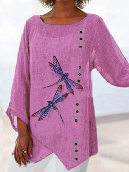 Casual printed long-sleeved dragonfly T-shirt