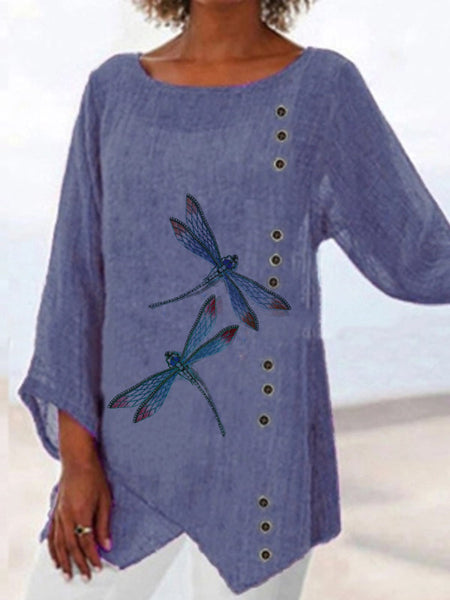 Casual printed long-sleeved dragonfly T-shirt