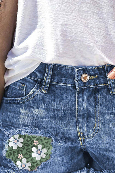 Women's Shorts Leopard Floral Patchwork Ripped Denim Shorts