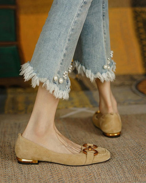 Square-toe Solid Color Splicing Chain Suede Flat Shoes