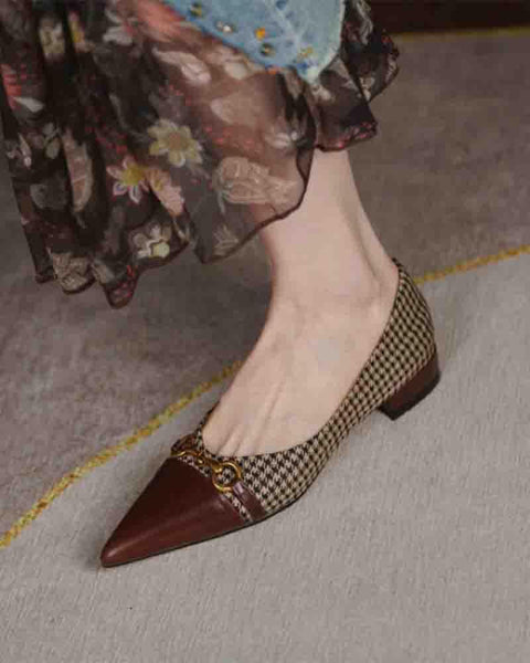 Pointed-toe Houndstooth Splicing Buckle Flat Slip-on