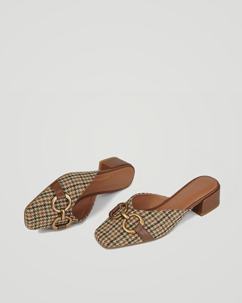 Square-toe Houndstooth Print Splicing Buckle Muller Shoes