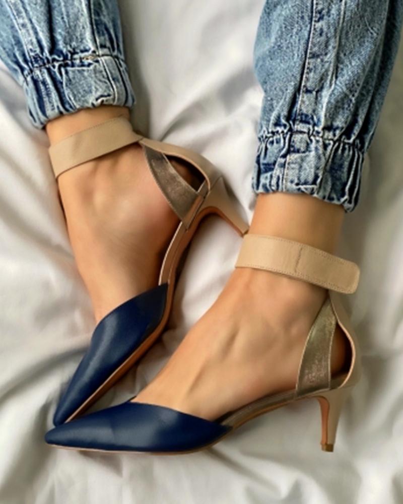 Pointed-toe Color Block PU Leather Shallow Mouth High Heels