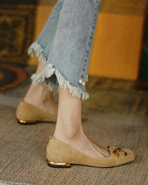 Square-toe Solid Color Splicing Chain Suede Flat Shoes