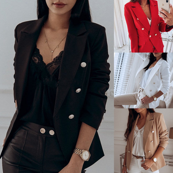 Fashion Pure Color Fold Over Collar Double-Breasted Blazer